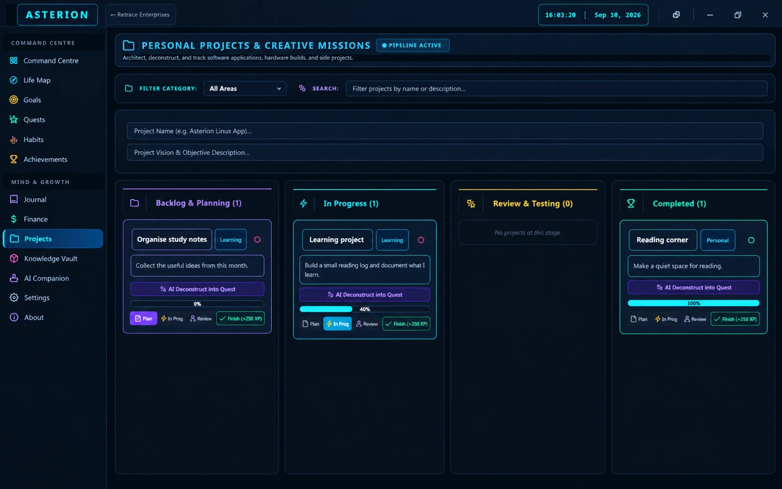 Populated progress-based project stages.