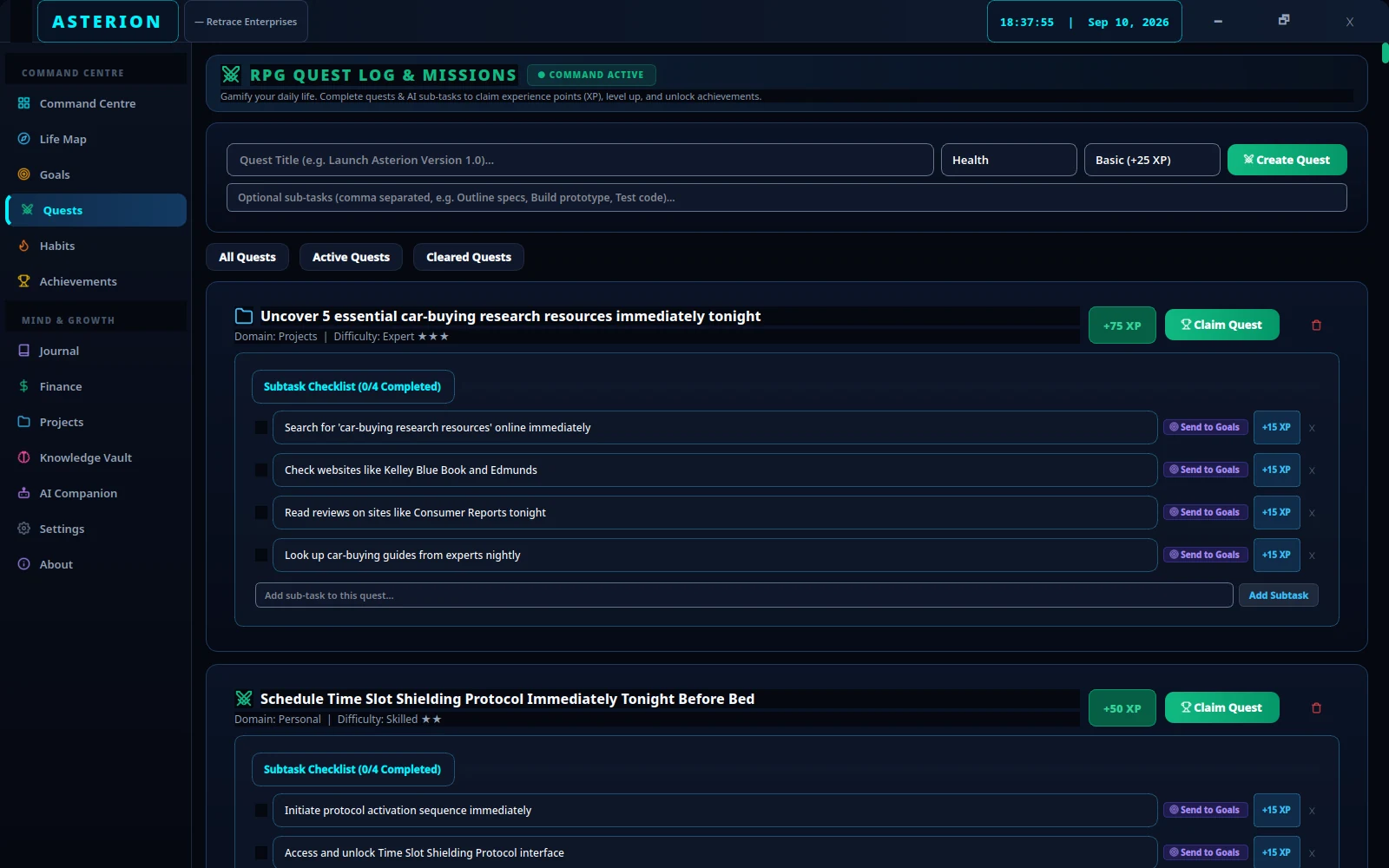 An active quest and its smaller subtasks.